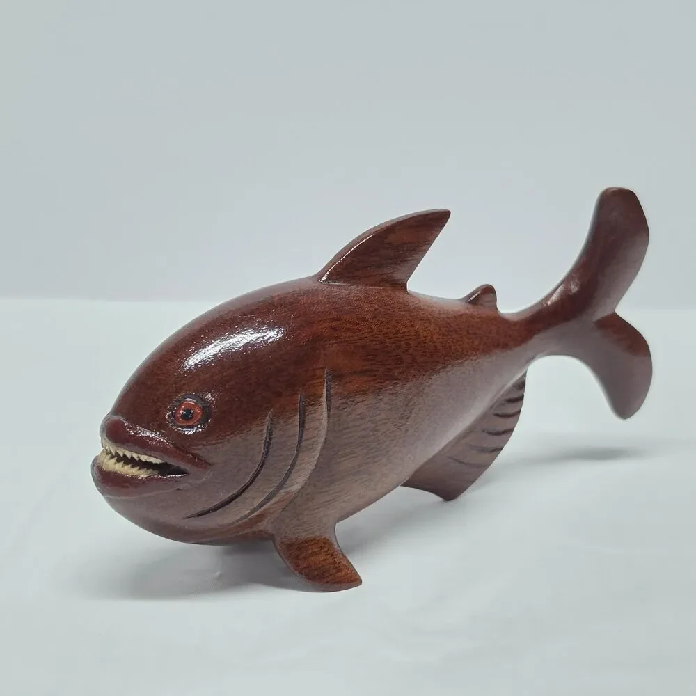 Piranha Vintage Hand Carved Wooden Figurine With Real Teeth